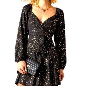 Francescas Miami Wrap Mini Dress M Black Gold Star V-Neck Ruffled Celestial Boho